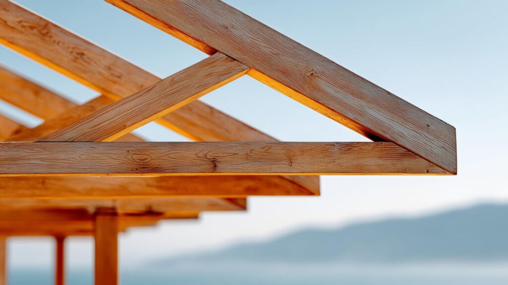 closeup wooden roof truss structure clear sky with blurred mountain background natural l 266247 10759